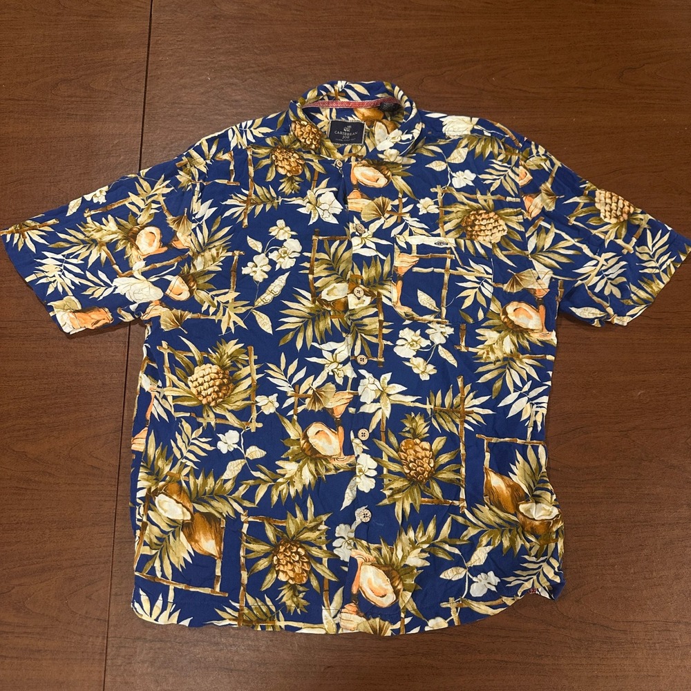 Caribbean Joe Mens Blue Tropical Pineapple Coconut Rayon Button Down Shirt L - Picture 4 of 10